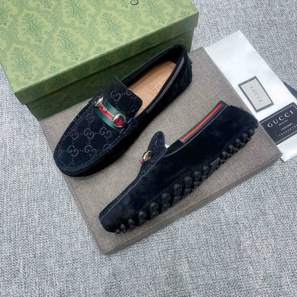 Gucci Black Patterned Loafers with Green and Red Accents
